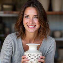 Headshot of Elena Petrova, a ceramic artist holding one of her unique vases.