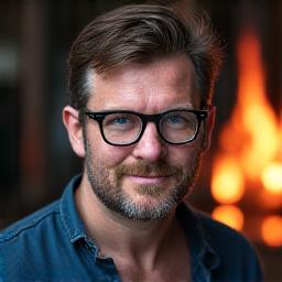 Headshot of Samuel Jones, a glassblower with safety glasses on his forehead.