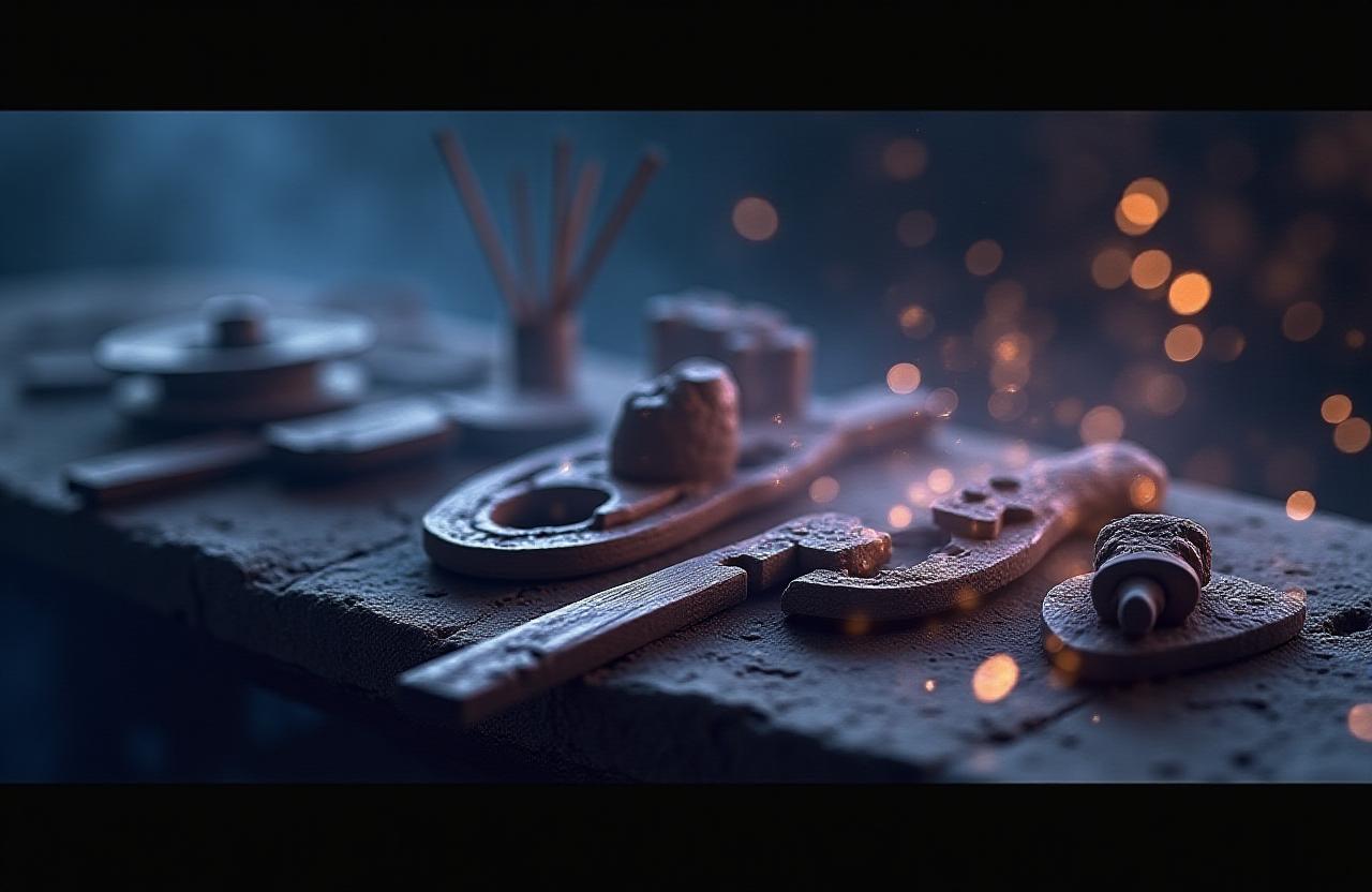 Abstract digital light patterns flowing over traditional artisan tools.
