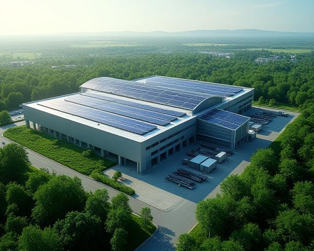 工場の屋根に設置されたソーラーパネルと緑の植物