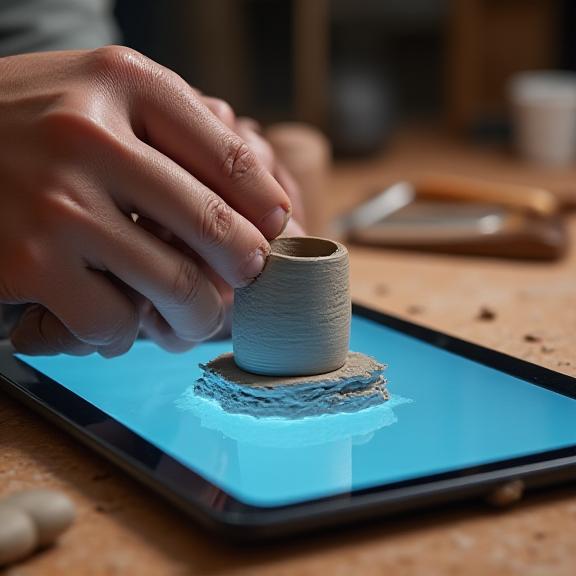 A close-up shot showing an artisan's hands working with clay, with a tablet next to them displaying a complex 3D model of the pot.